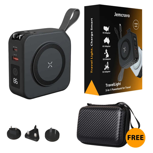 TravelLight 5-in-1 Wall Charger with Wireless Charging Pad and Power Bank